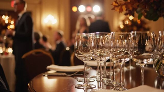 Elegant dining table set with wine glasses at a formal banquet event with people in the background