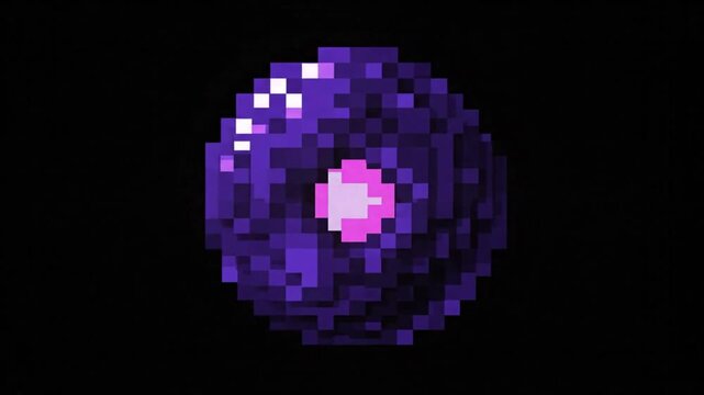 Pixelated animated abstract purple orb with glowing core and light effects on a dark background