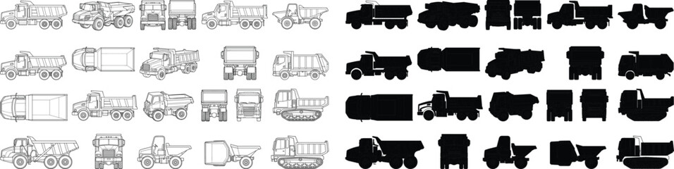 Construction Dump Truck Collection with Outline and Black Silhouette Heavy Vehicle Vector Illustration Set for Industrial Projects © MDMOSRAFUL