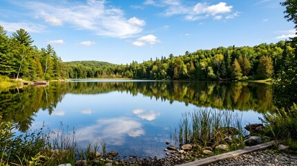 Fototapeta premium Serene Lake Reflecting Blue Sky and Lush Green Forest Landscape