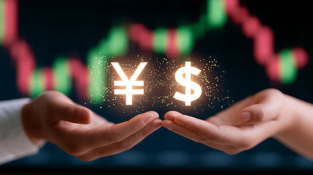 Foreign exchange concept with glowing currency symbols of yen and dollar held in hands against financial market graph chart background