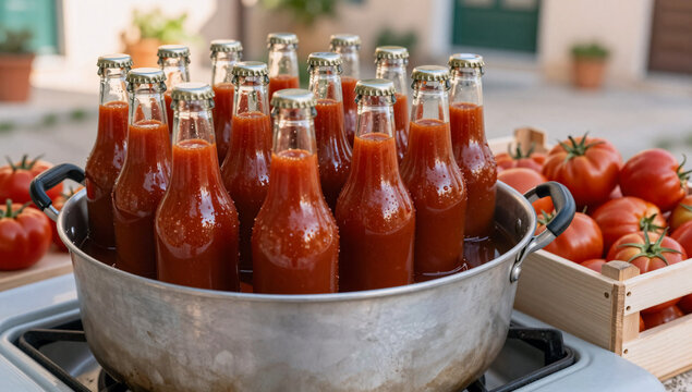 Homemade tomato passata bottles sterilizing in boiling water