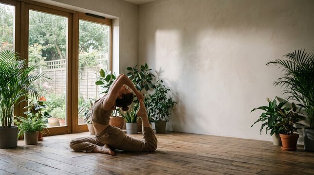 Young woman practicing yoga in one legged king pigeon pose on a wooden floor in a bright cozy room with copy space
