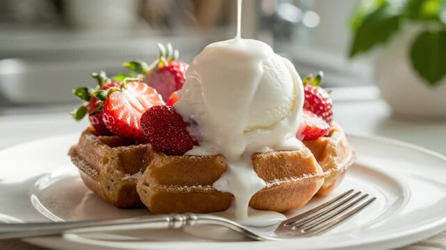 Delicious waffle topped with fresh strawberries and vanilla ice cream, being drizzled with a white sauce