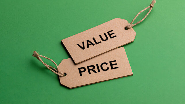 Two brown paper tags with value and price text printed on them placed on a vibrant solid green background representing commerce concept