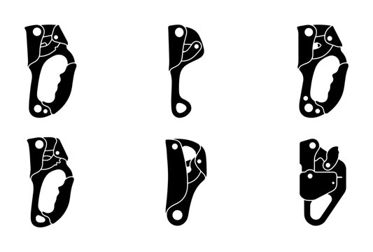 Set of six climbing ascenders and descenders on white