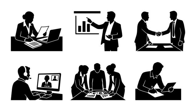 Business meeting icons showing people working together and presenting