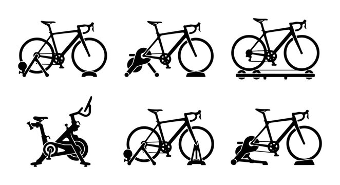 Set of six bicycle indoor trainers and exercise bikes