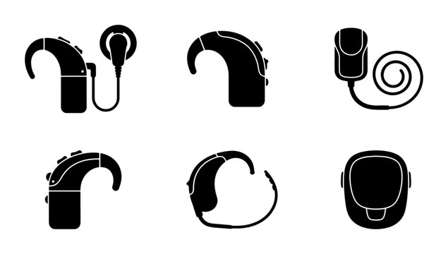 Collection of black hearing aid icons on white background