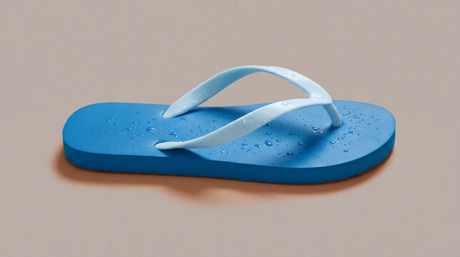 Single blue flip flop with water droplets on neutral background