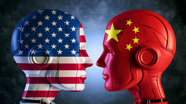 Conceptual image representing diplomatic and economic tension between two major global superpowers through robot heads with national flag patterns