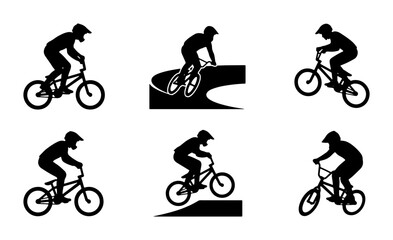 Fototapeta premium Six BMX cyclists performing tricks and jumps in silhouette