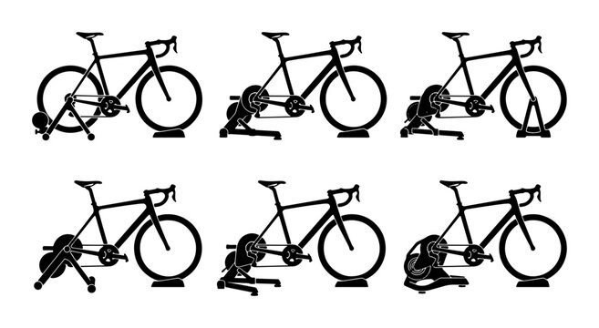 Six bicycles on trainers for indoor cycling training
