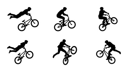 Fototapeta premium Six BMX cyclists performing stunts in silhouette