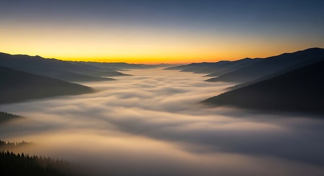 Sunlit valley filled with morning fog and rolling mountains during sunrise golden hour cloud sea