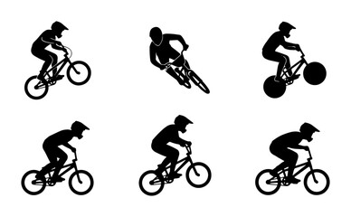 Fototapeta premium Six BMX cyclists performing stunts in silhouette