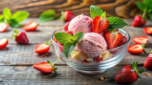 Erdbeereis mit Fruchtst?cken im Schuss,refreshing dessert, colorful dessert