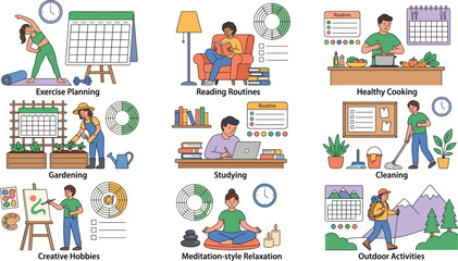 Fototapeta premium Healthy lifestyle habits and daily routine vector planning illustration set featuring exercise cooking meditation gardening painting and studying
