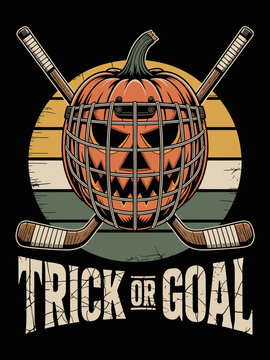 Halloween Trick Or Goal pumpkin hockey goalie mask crossed sticks design
