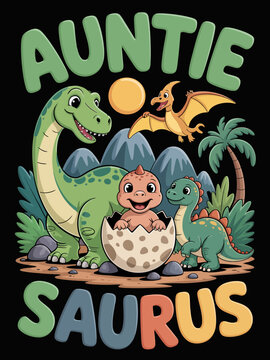 Cute Auntie Saurus dinosaur family cartoon with egg and palm tree graphic