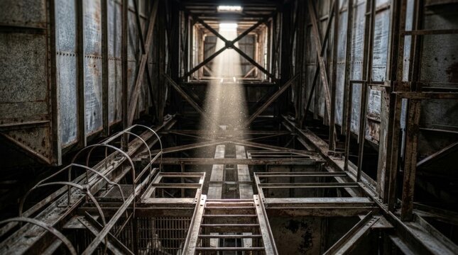 Dramatic light shines down through a dusty grain silo harvest structure filled with rusty metal beams, industrial machinery, and aged metallic walls in an abandoned mill