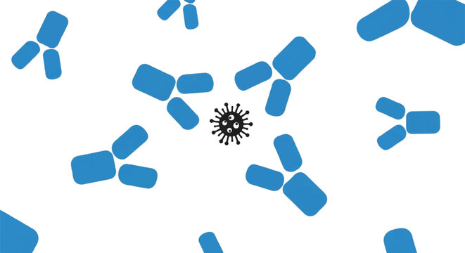 A minimalist flat vector showing multiple blue antibody shapes capturing and surrounding a single dark pathogen, clear spatial arrangement, lots of white space, minimalist flat vector artwork,