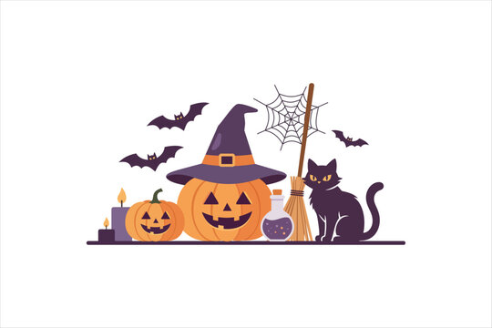 Halloween pumpkin with witch hat, black cat, and bats set in flat 2D style. Vector illustration for spooky celebration element.