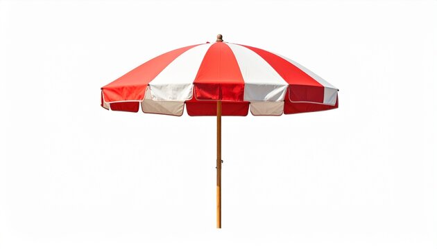 Red and White Striped Beach Umbrella Vintage Outdoor Sunshade Parasol Isolated on White Background