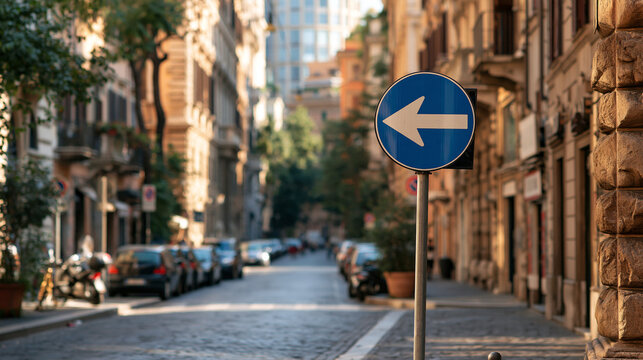 One-way traffic sign standing at the entrance of a narrow urban street, clean arrow symbol visible on a blank sign face, parking rule, traffic signage, vehicle guidance, public spa