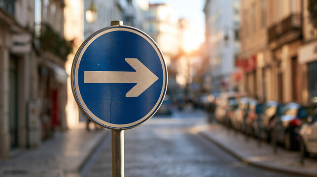 One-way traffic sign standing at the entrance of a narrow urban street, clean arrow symbol visible on a blank sign face, parking rule, traffic signage, vehicle guidance, public spa