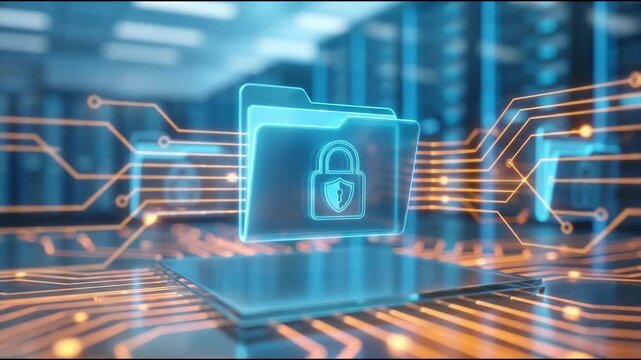 Digital padlock icon on a blue folder superimposed on a computer chip with glowing circuits in a futuristic data center.
