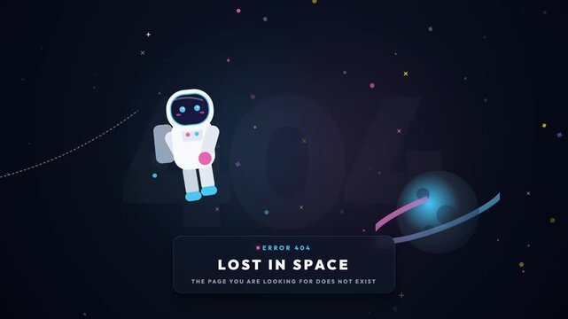 Cute cartoon astronaut character lost in deep space, symbolizing a 404 error page not found concept illustration.