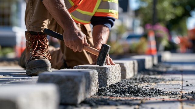New curbstones are being carefully aligned along a renovated pedestrian pathway while a faceless worker uses a rubber mallet to level each block, bright daylight, clean materials a