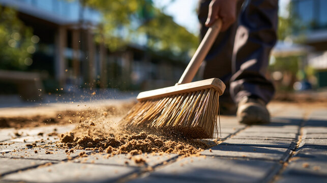 Freshly laid paving blocks form a neat pattern across a renovated plaza while a faceless worker sweeps fine sand into the joints with a wide broom, bright daylight, clean materials