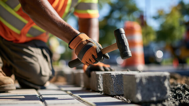 New curbstones are being carefully aligned along a renovated pedestrian pathway while a faceless worker uses a rubber mallet to level each block, bright daylight, clean materials a