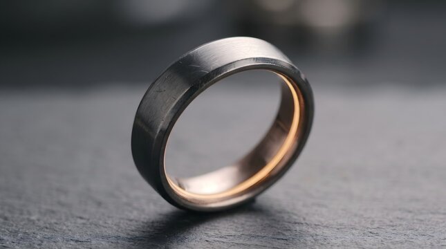 Modern brushed metal mens wedding ring with rose gold interior on dark slate background