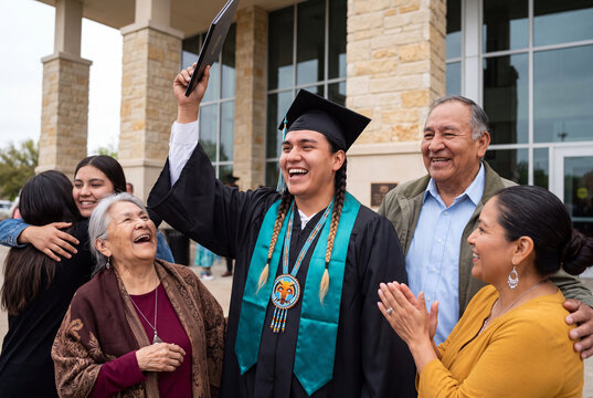 Proud Native American college graduate celebrating commencement ceremony with cheering family outside university campus
