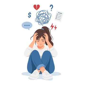 Stress, Anxiety, Mental disorder, Confusion, Depression concept. Frustrated young woman touch head. Mind Health Problem, Mental Disease. Isolated flat vector illustration
