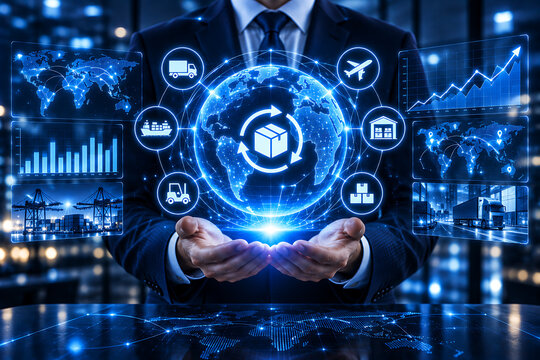 Man holding illuminated globe with logistics icons and data visualizations