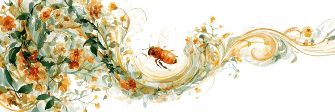 Honey bee dances in a swirling pattern, surrounded by flowers and vines, capturing the movement and natural beauty with warm colors and flowing lines.