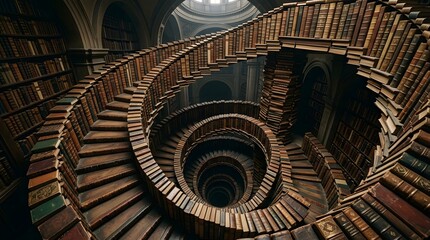 Fototapeta premium A Spiral Staircase Lined with Ancient Books in a Grand Library