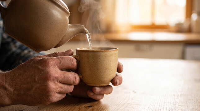 Older man pouring hot tea into a cup in a cozy kitchen  
