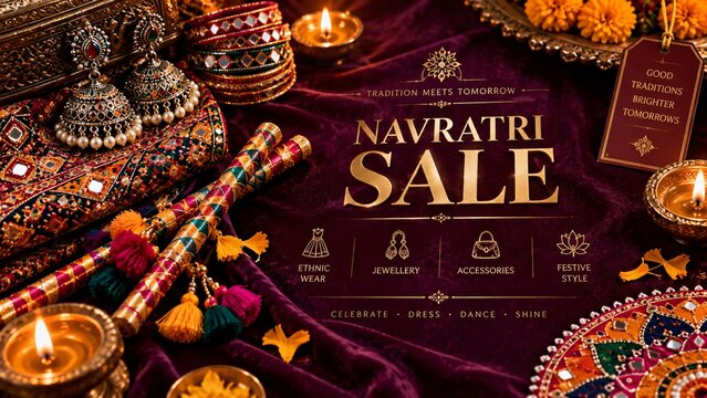 Festive Navratri sale banner featuring traditional Chaniya Choli, juttis, bangles, and diyas on purple velvet fabric background