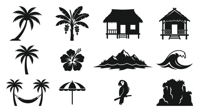 Tropical icons set featuring palm trees, bungalow, mountain, wave, and parrot silhouettes