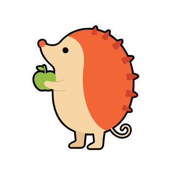 Cartoon hedgehog holding a green apple