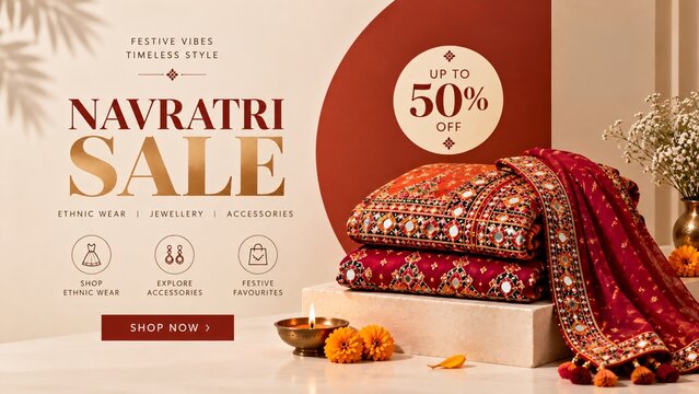 Festive Navratri sale banner featuring traditional Chaniya Choli, jewellery, and accessories with discount offer and copy space
