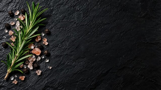 Macro shot of fresh rosemary sprig, Himalayan pink salt crystals, and peppercorns on dark rough slate stone background with massive copy space for menu design