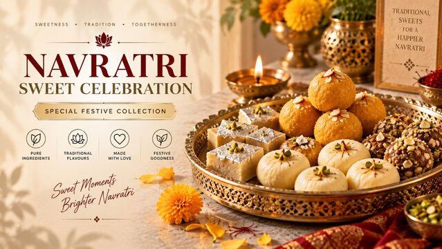 Festive Navratri sweet collection banner featuring traditional motichoor laddoos, milk sweets, barfi, and diyas on a brass thali