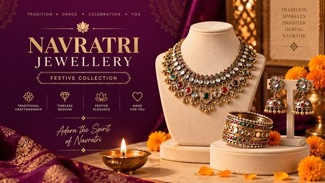 Festive Navratri jewelry collection banner featuring a traditional Kundan necklace set, earrings, bangles, and diya on purple and gold background