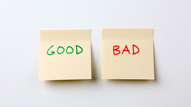 Sticky notes with good and bad hand written text isolated on white background. Business concept for decision making pros and cons check choice